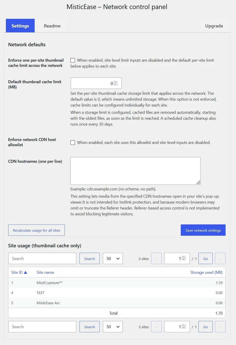 MisticEase network control panel for multisite, with network defaults and a per-site storage list