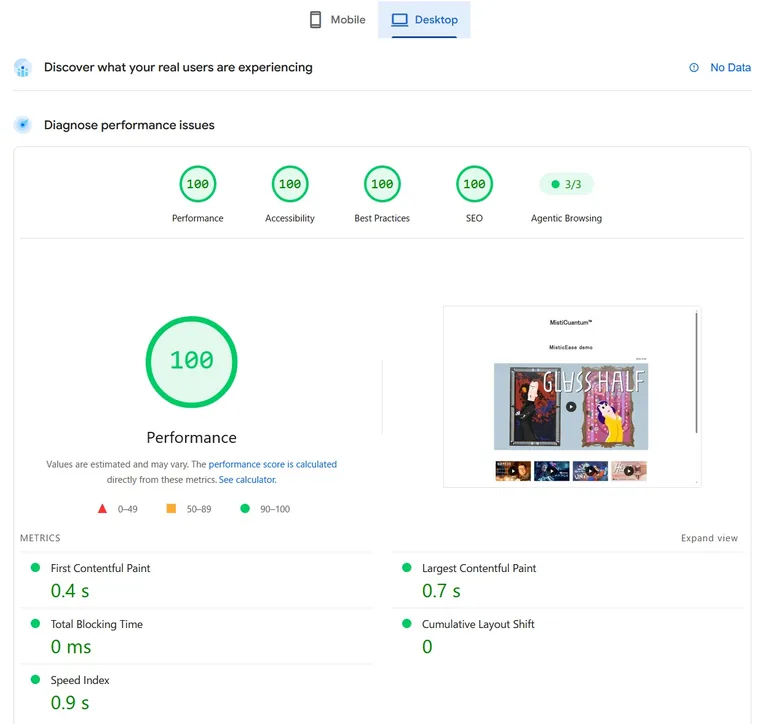 PageSpeed Insights desktop result with a Performance score of 100