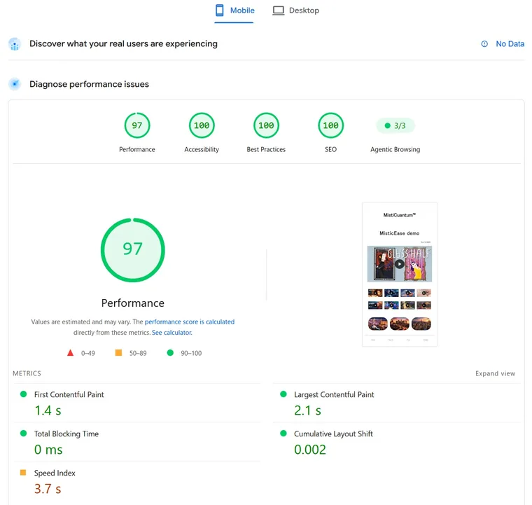 PageSpeed Insights mobile result with a Performance score of 97